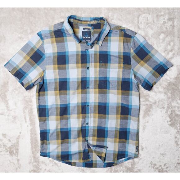 Prana Benton Blue Yellow Plaid Slim Fit Short Sleeve Button Down Shirt Mens L - Picture 1 of 13